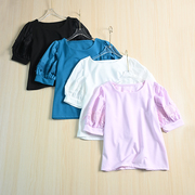 思琪女装 日系风格 棉质拼接灯笼袖蕾丝装饰休闲短款短袖T恤