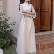 新中式复古香槟色蕾丝改良版旗袍裙E喇叭袖姐妹团晚礼服裙两件套