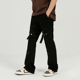 PASET潮流工装复古绑带设计微喇叭机能美式黑色牛仔裤男高街裤子