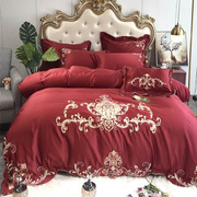 欧式刺绣全棉四件套冰丝被套纯棉床单真丝滑结婚红色双人床上用品