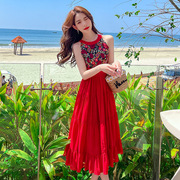 极速红色民族风连衣裙夏2024沙滩裙女三亚高端海边度假超仙长