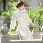 新中式旗袍女年轻款绿色雪纺印花复古改良版连衣裙春季