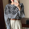 韩国chic秋季洋气复古圆领刺绣花朵设计单排扣宽松长袖格子衬衫女