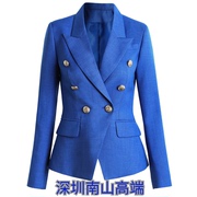 2021春季上衣气质通勤修身韩版OL双排扣蓝色西装领西装外套
