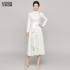 绵羊毛中国风秋季刺绣花优雅白色长袖立领，舒适气质女士旗袍连衣裙