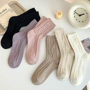 秋冬女袜纯棉中筒袜子纯色菱形复古粗线女士堆堆袜加厚保暖厚袜子