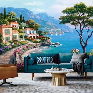 欧式8d壁画5d地中海油画风景，壁纸客厅沙发电视，背景墙纸3d影视墙布