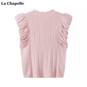 拉夏贝尔lachapelle粉色，泡泡袖半高领，针织衫女春夏短袖t恤上衣