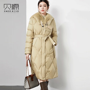 贝源时尚獭兔毛领羽绒服，女2023冬装中长款加厚白鸭绒(白鸭绒)羽绒外套