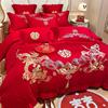 高档中式龙凤结婚四件套大红色床单床笠被套刺绣喜被婚庆床上用品