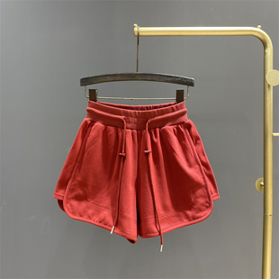 2024夏装红色设计感抽绳，松紧腰高腰，阔腿热裤运动休闲短裤女士