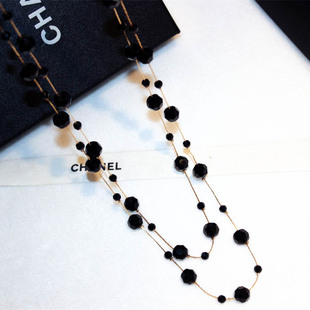 韩国时尚气质黑色水晶长款毛衣链欧美个性，双层项链吊坠天然