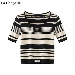 拉夏贝尔/La Chapelle夏季条纹短袖针织衫T恤女短款修身上衣