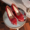 水钻花朵尖头粗跟女高跟鞋宴会，礼服红色婚鞋新娘鞋，单鞋秀禾礼服鞋