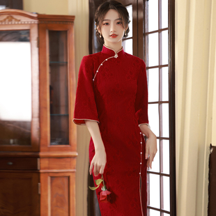 新中式旗袍雪尼尔新娘敬酒服红色，回门出阁宴礼服订婚连衣裙结婚