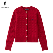 POLOWALK女士复古红色羊毛衫2024新年经典本命年绞花质感针织开衫