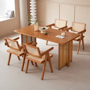 日式实木餐桌家用小户型北欧藤编，桌子长方形民宿诧寂风餐桌椅组合