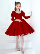 女童秋冬红色中长袖连衣裙中小童生日蓬蓬裙演出服主持人礼服