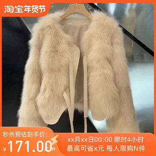 质检官图仿狐狸毛外套女短款2022年秋冬气质韩版系带厚外套