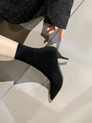 黑色靴子女2023春秋尖头高跟短靴细跟侧拉链单靴瘦瘦靴中筒靴
