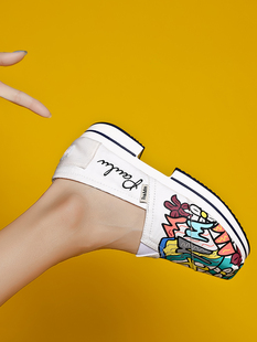 Tt&Mm/汤姆斯女鞋一脚蹬厚底白色帆布鞋涂鸦韩版休闲懒人松糕布鞋