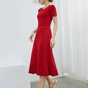 大红色大方短袖连衣裙夏季中老年百搭纯色性感露背修身显瘦A字裙