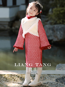女童旗袍酒红色2023冬季加绒加厚长袖中国风，小女孩过年拜年服