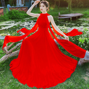 旅行拍照好看的复古大红色雪纺连衣裙女别致惊艳大摆长款裙子飘带