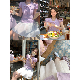 FF BLUE 空气芋泥 少女感浅紫色衬衫夏肌理定制纯白a字百褶半身裙