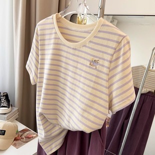 显白浅紫条纹圆领短袖T恤女夏季设计感减龄刺绣宽松百搭休闲上衣