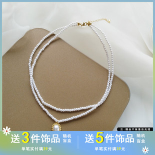 法式气质甜美珍珠项链，时尚新潮个性双层颈链，简约椭圆形锁骨链1310