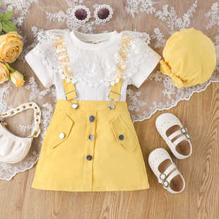 kikobaby欧美风4-7岁蕾丝娃娃，领短袖衬衫，背带裙糖果色帽子女童套