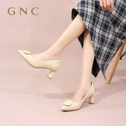 GNC粗跟浅口高跟鞋女2024春季裸色真皮舒适工作鞋配裙子单鞋