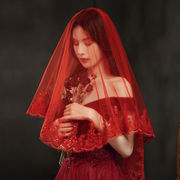 红盖头新娘红色头纱，结婚纱礼服秀禾服中式复古风纱短款蕾丝旅拍照