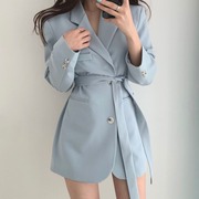 韩国chic优雅西装领长袖两粒扣绑带收腰双口袋纯色气质西装外套女