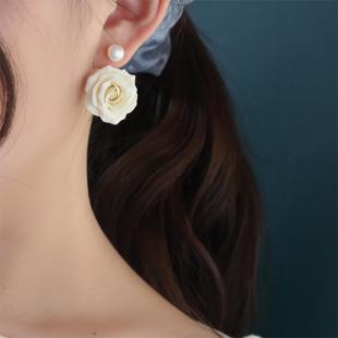 玫瑰花耳饰耳环原创两戴珍珠，花朵耳饰s925银软陶原创设计手工独家