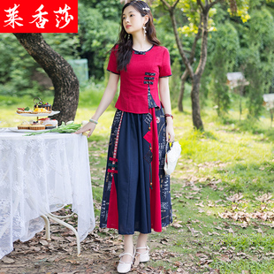 民族风复古唐装棉麻，套装女夏中国风大码修身短袖上衣半身裙两件套