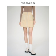 VGRASS时髦毛呢拼皮短款A字半身裙冬季羊毛桑蚕丝VSB2O43590