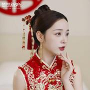 新娘中式红色绒花新中式结婚头饰旗袍礼服敬酒服配饰品后盘发造型