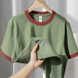美式咔叽草绿色270g重磅纯棉撞色拼接短袖，t恤女夏复古(夏复古)宽松上衣服