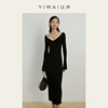 YIWAI以外 「墨」巨显瘦针织长裙大V领长袖高级感黑色打底连衣裙
