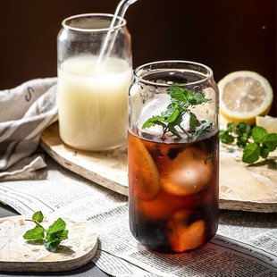 玻璃水杯可乐易拉罐造型杯子，耐温自制饮料咖啡，冷饮品带盖吸管透明