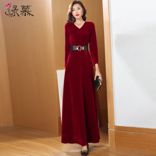 酒红色连衣裙长款2023年春秋装长袖修身显瘦气质大摆长裙子