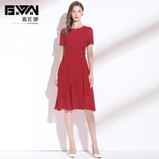 红色雪纺连衣裙夏装2024年短袖收腰气质裙子女夏设计(夏设计)感小众