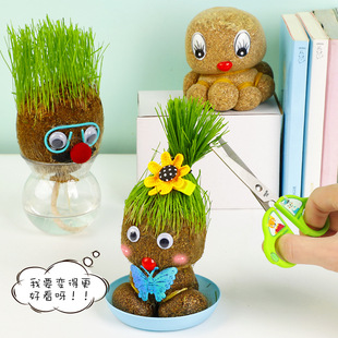 创意草头娃娃大眼萌仔青草种植桌面小盆栽办公室绿植摆件栽培玩具