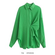 欧美女装   博主款绿色肌理小打褶宽松衬衣长袖设计感开衫打底衫