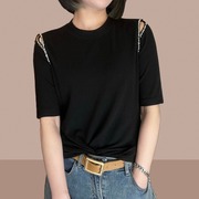 露肩纯棉短袖t恤女夏季2023休闲时尚短款设计感小众宽松上衣