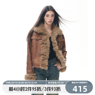 goosfir原创设计复古做旧毛绒拼接外套，秋冬保暖褐色皮大衣女