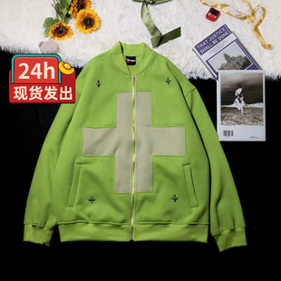 加绒绿色开衫卫衣外套男今年流行情侣装潮牌夹克美式广州棒球服潮