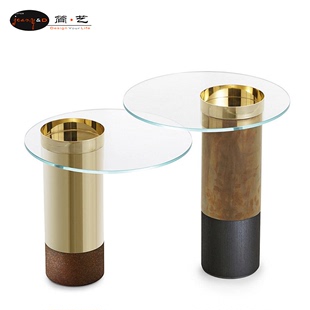 简艺现代经典创意高低组合茶几，设计师咖啡桌，电镀金色钢化玻璃桌子